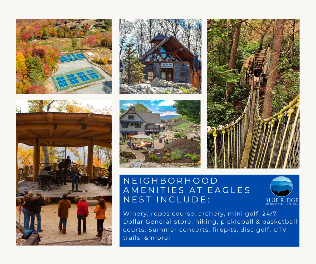A vibrant community center with a sparkling pool, ropes course, and live music stage set amidst forested hills. Trails weave around the area, with people gathering for swimming, hiking, and socializing near the amphitheater. The festive atmosphere hints at seasonal concerts and winery events.